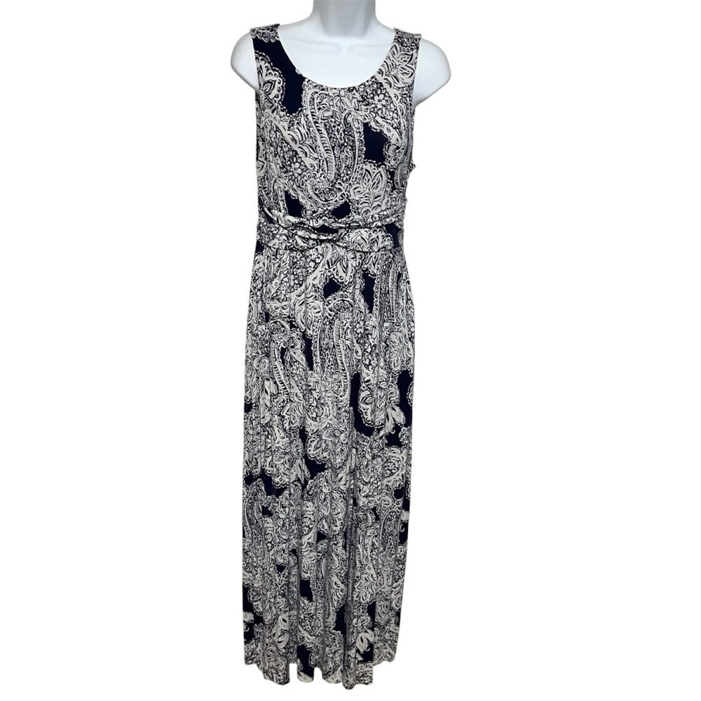 Soma Elegant Navy Ultra Soft Floral Maxi Dress Size Medium Tie Front Resort Wear